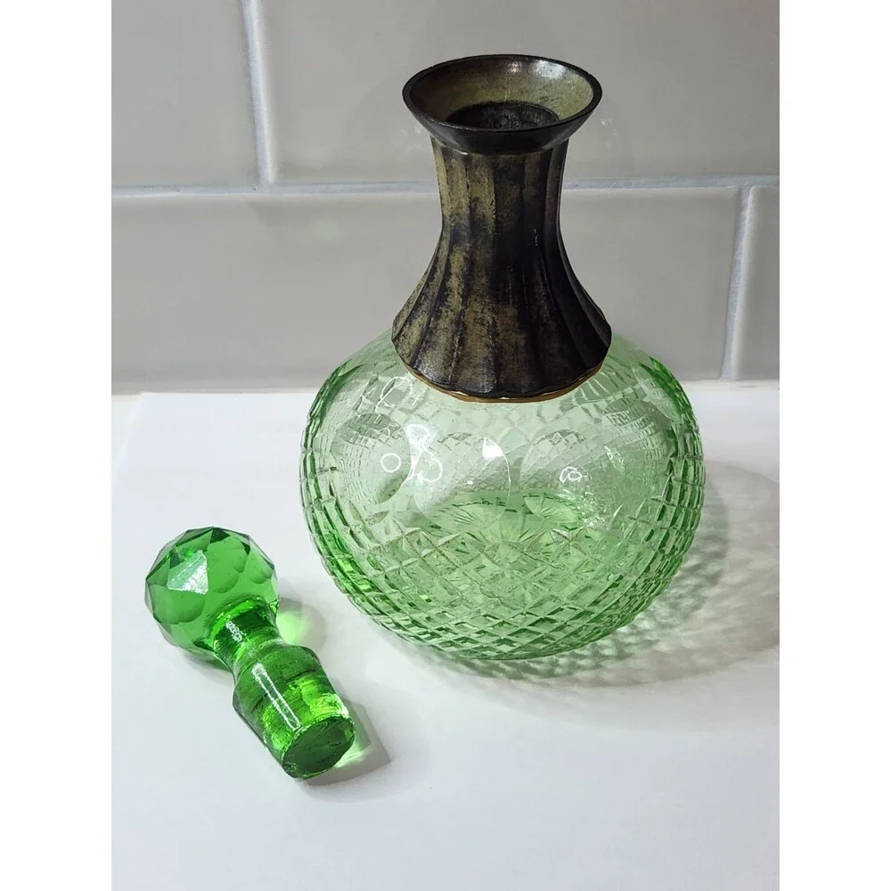 Vintage Small Green Decanter Cologne Bottle with Stopper Metal Collar Cut Glass